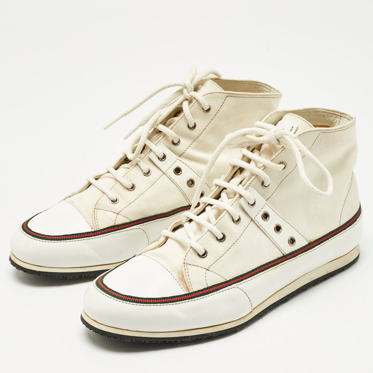 Gucci White Canvas and Leather High Top Sneakers Size 38.5