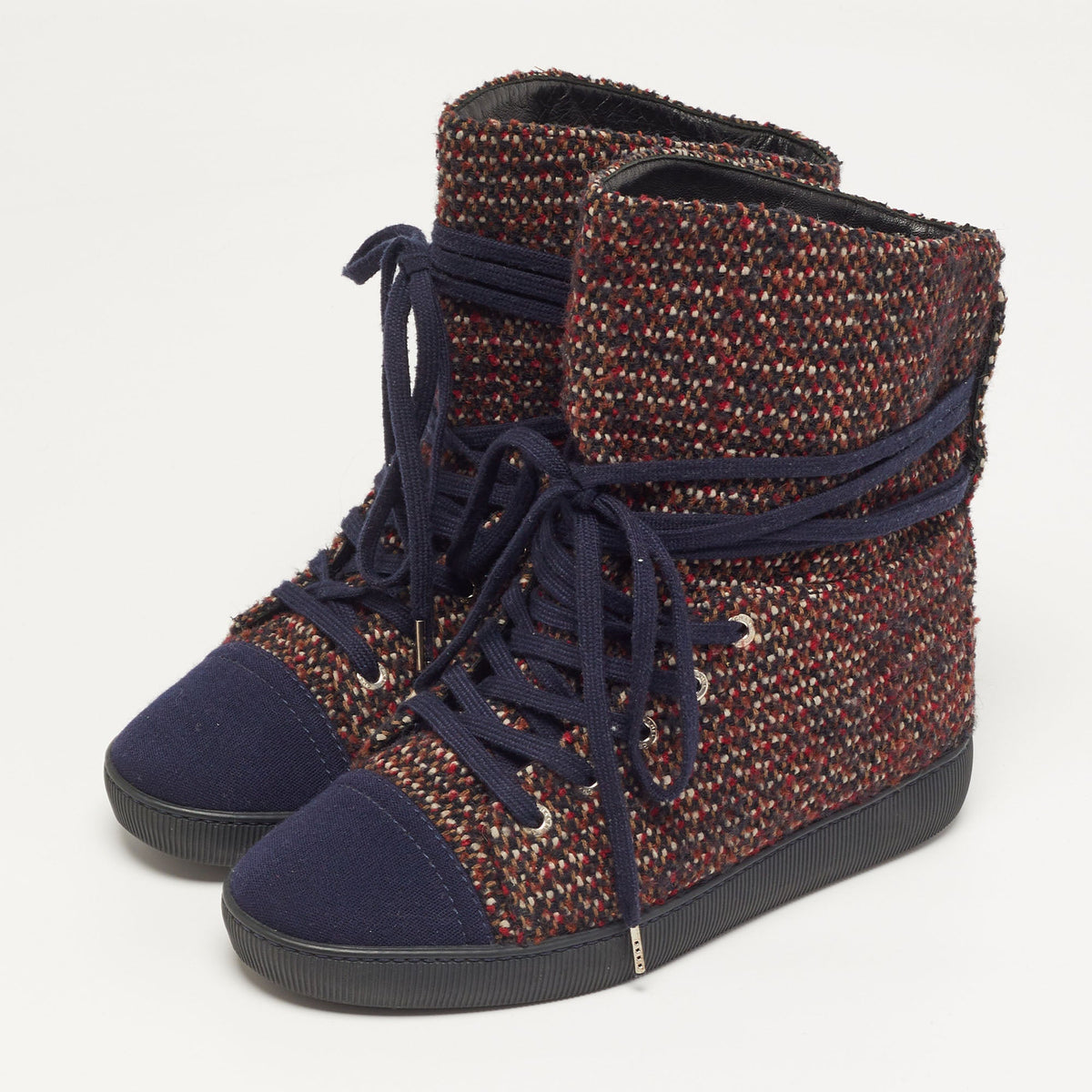 Chanel CC Size 36 Multicolor Tweed Lace Wrap High Top Sneakers