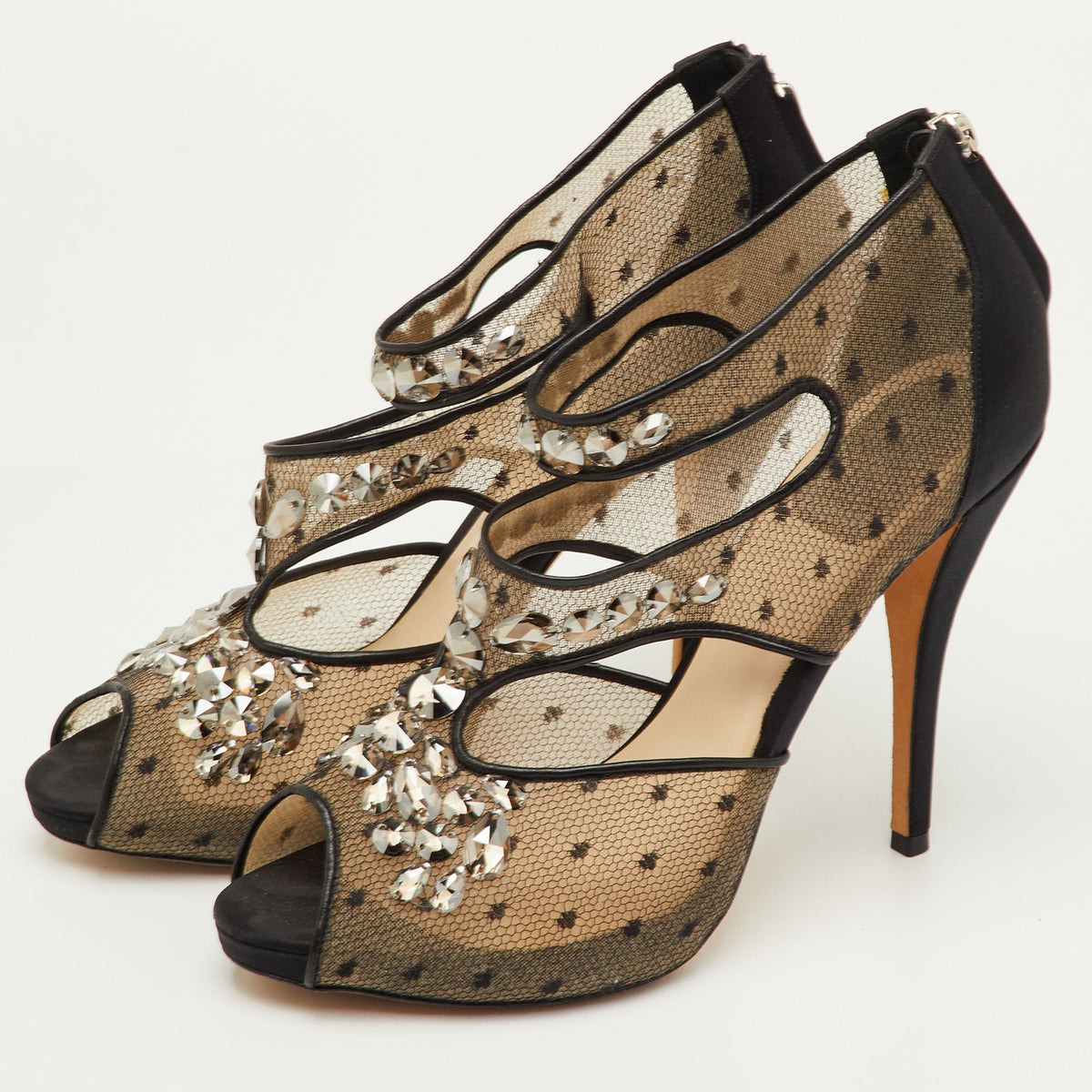 Dior Size 39.5 Black Mesh and Satin Cut Out Crystal Embellished Peep Toe Sandals