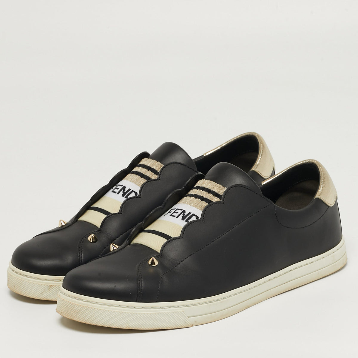 Fendi Rockoclick Size 41 Black Leather Slip On Sneakers