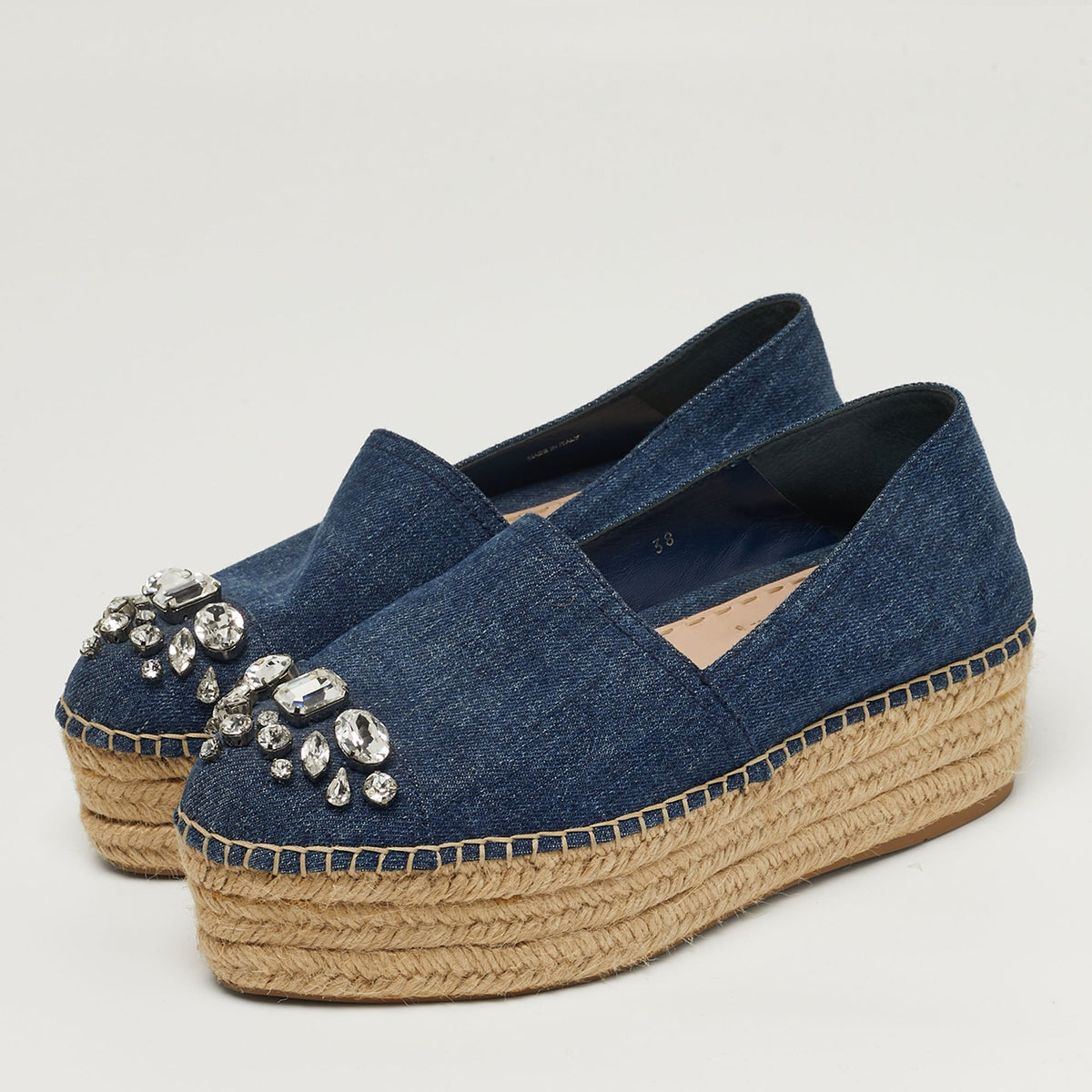 Miu Miu Size 38 Blue Denim Crystal Embellished Espadrille Platform Wedge Flats