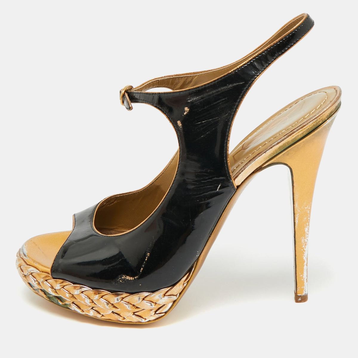Saint Laurent Size 38.5 Black Patent Leather Platform Ankle Strap Sandals