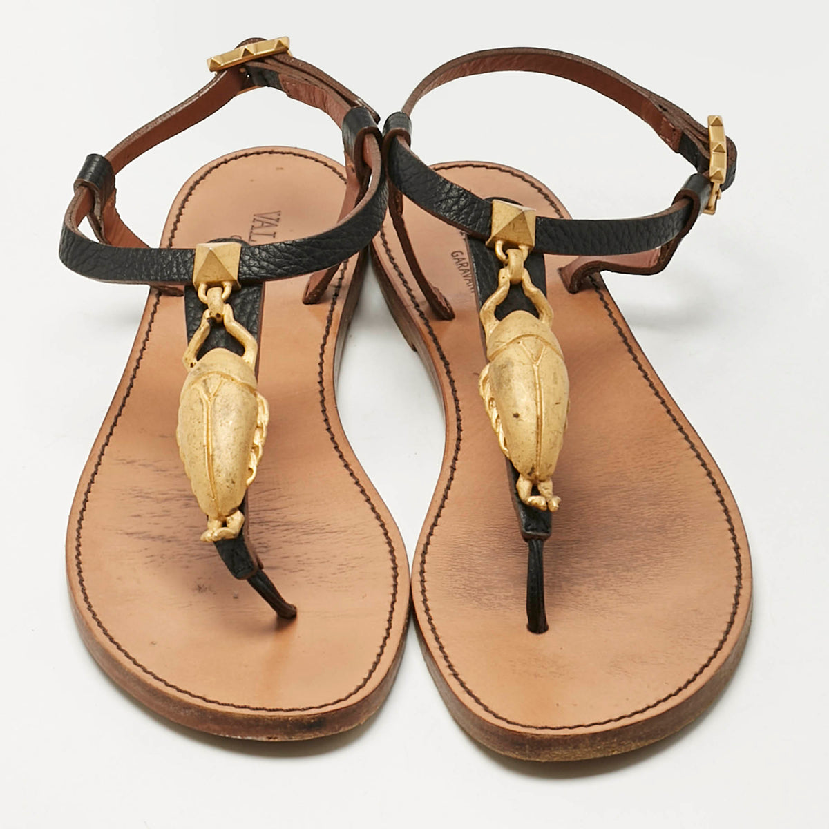 Valentino Black Leather Embellished Thong Flat Sandals Size 37.5