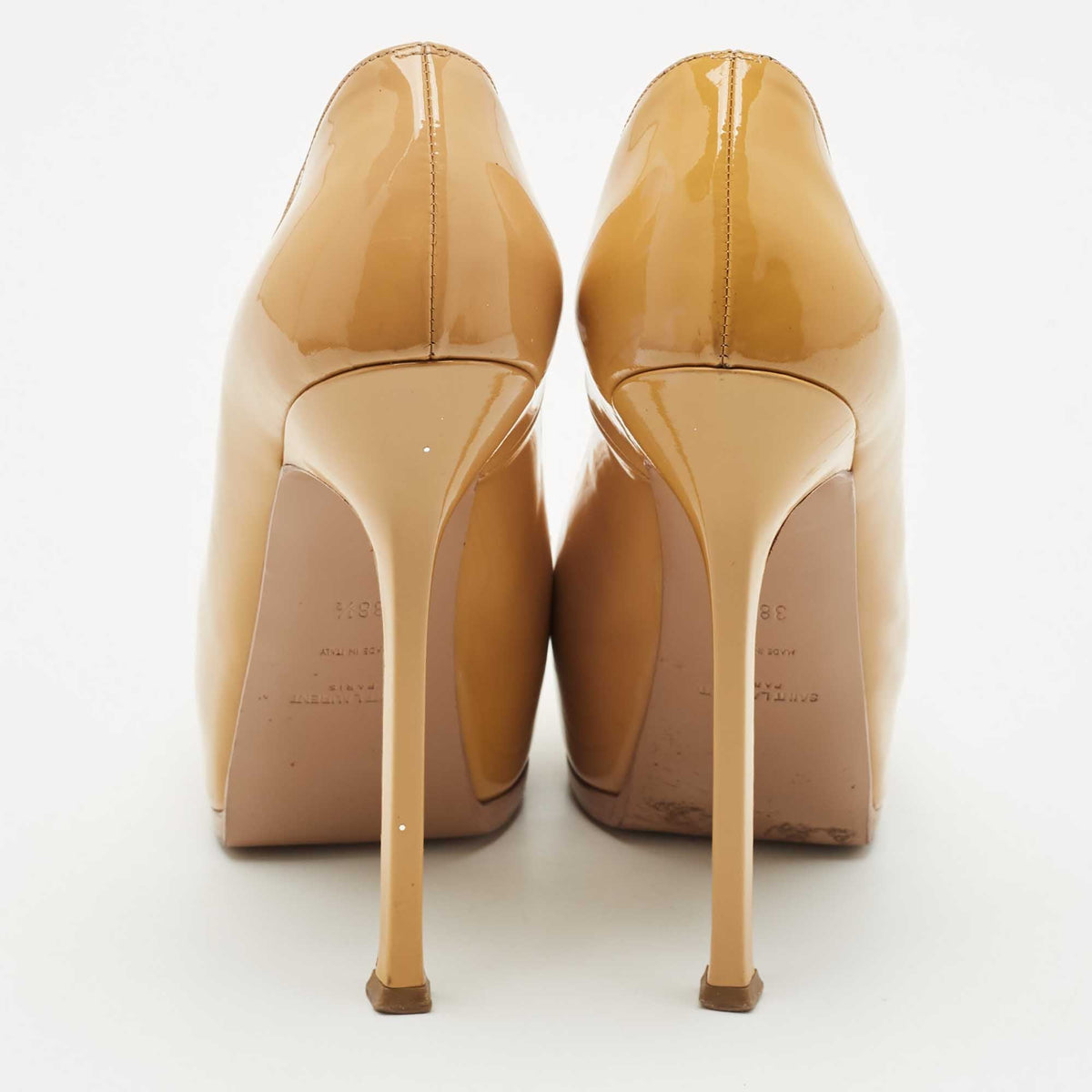 Saint Laurent Paris Tribtoo Size 38.5 Beige Patent Leather Platform Pumps