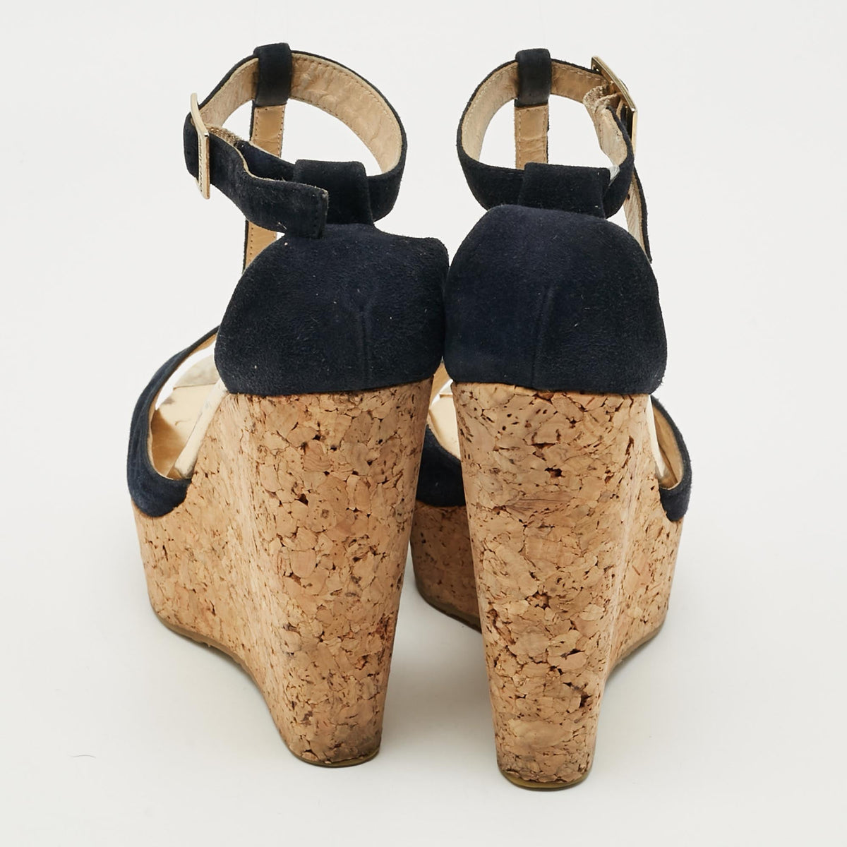 Jimmy Choo Pela Size 37.5 Navy Blue Suede Wedge Sandals