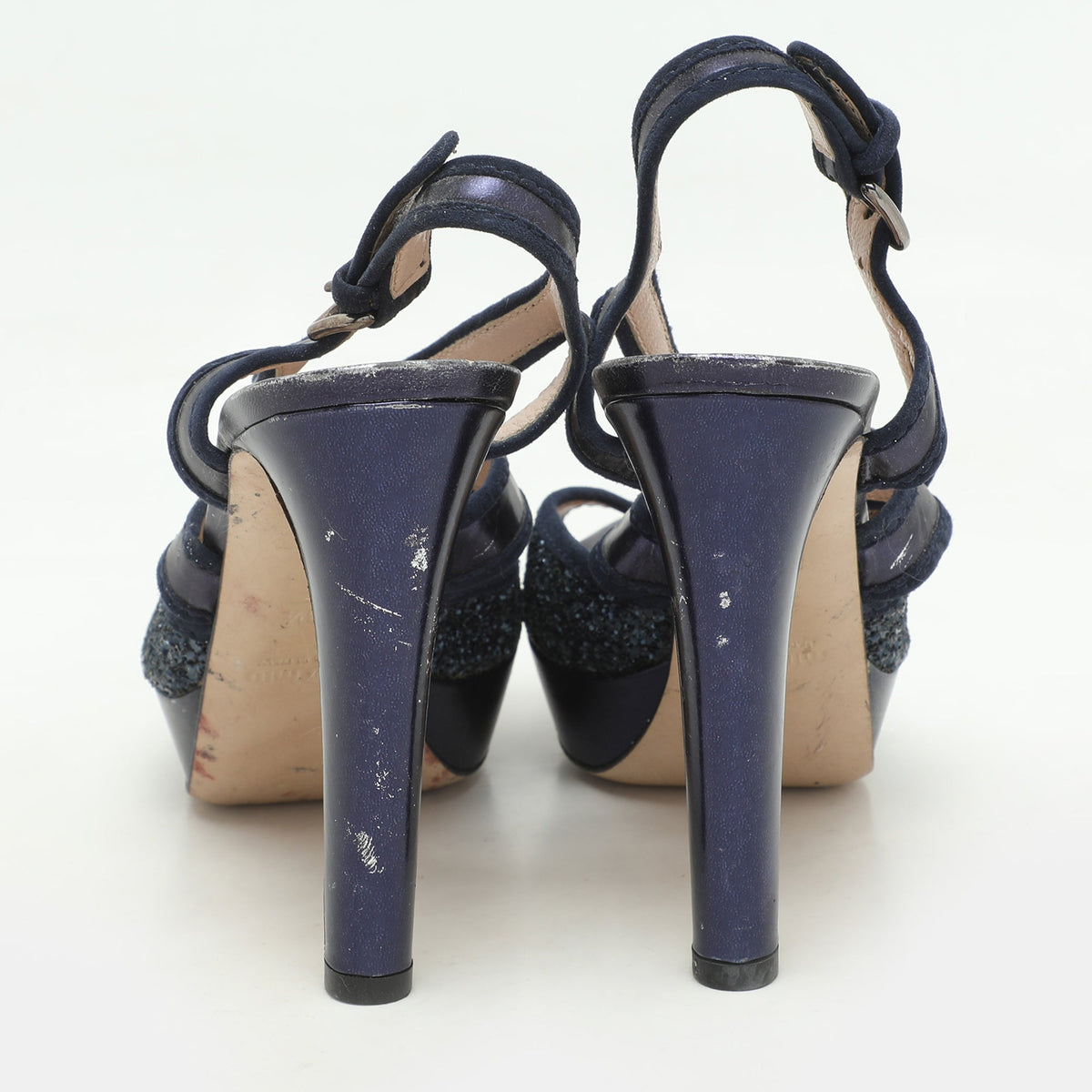 Miu Miu Size 38.5 Blue Glitter and Velvet Ankle Strap Sandals