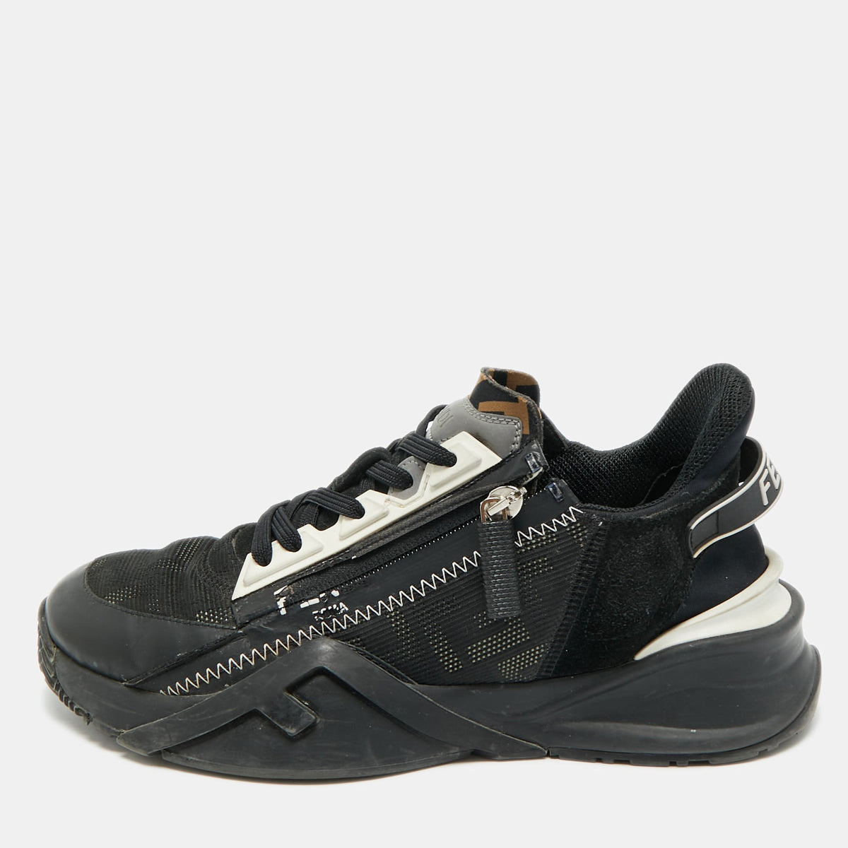 Fendi Flow Size 38.5 Black/White Leather  Mesh and Suede Low Top Sneakers