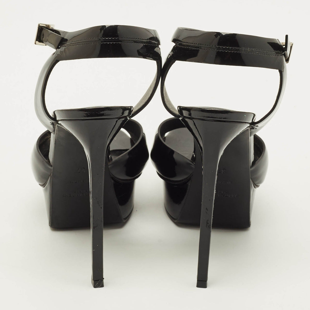 Saint Laurent Bianca Size 37 Black Patent Leather Ankle Strap Sandals
