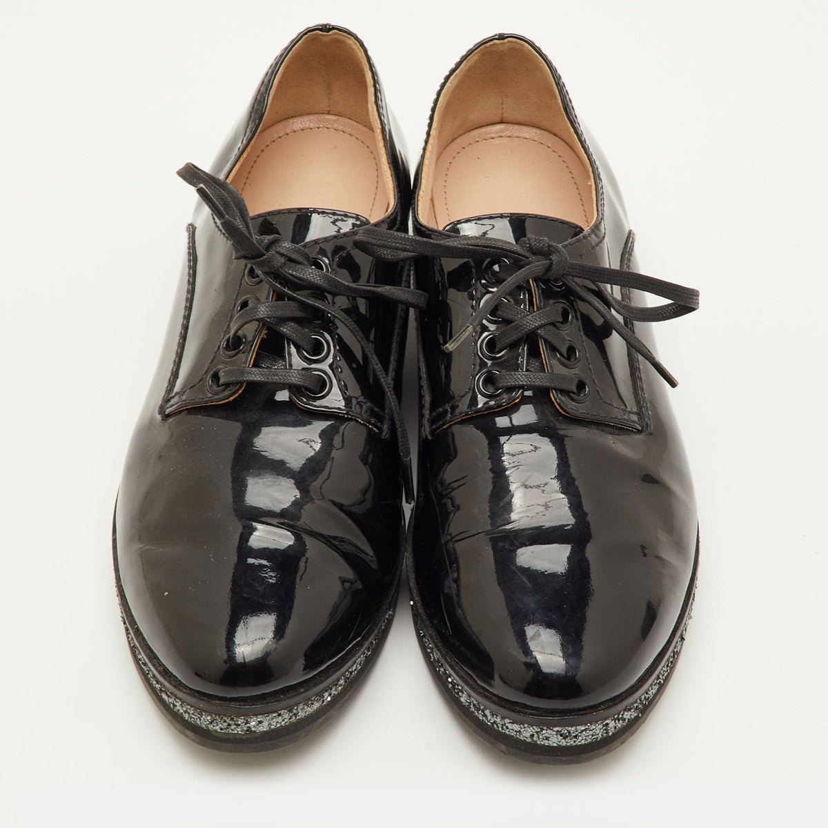 Miu Miu Size 38.5 Black Patent Leather Lace Up Derby&nbsp;