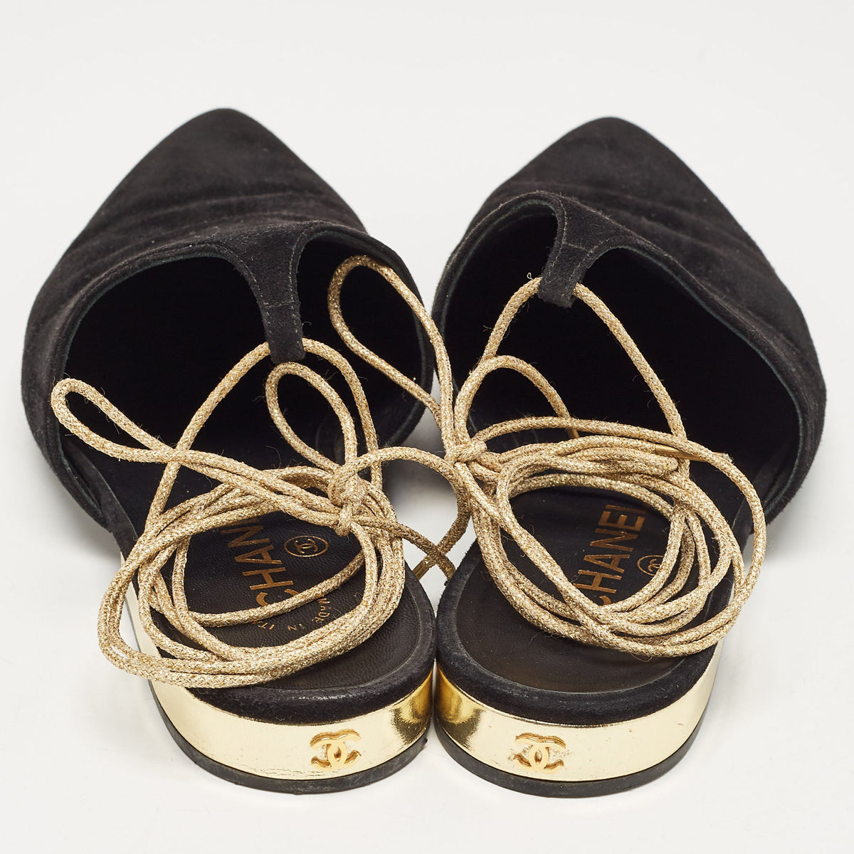 Chanel Black Suede Ankle Wrap Flat Mules Size 39