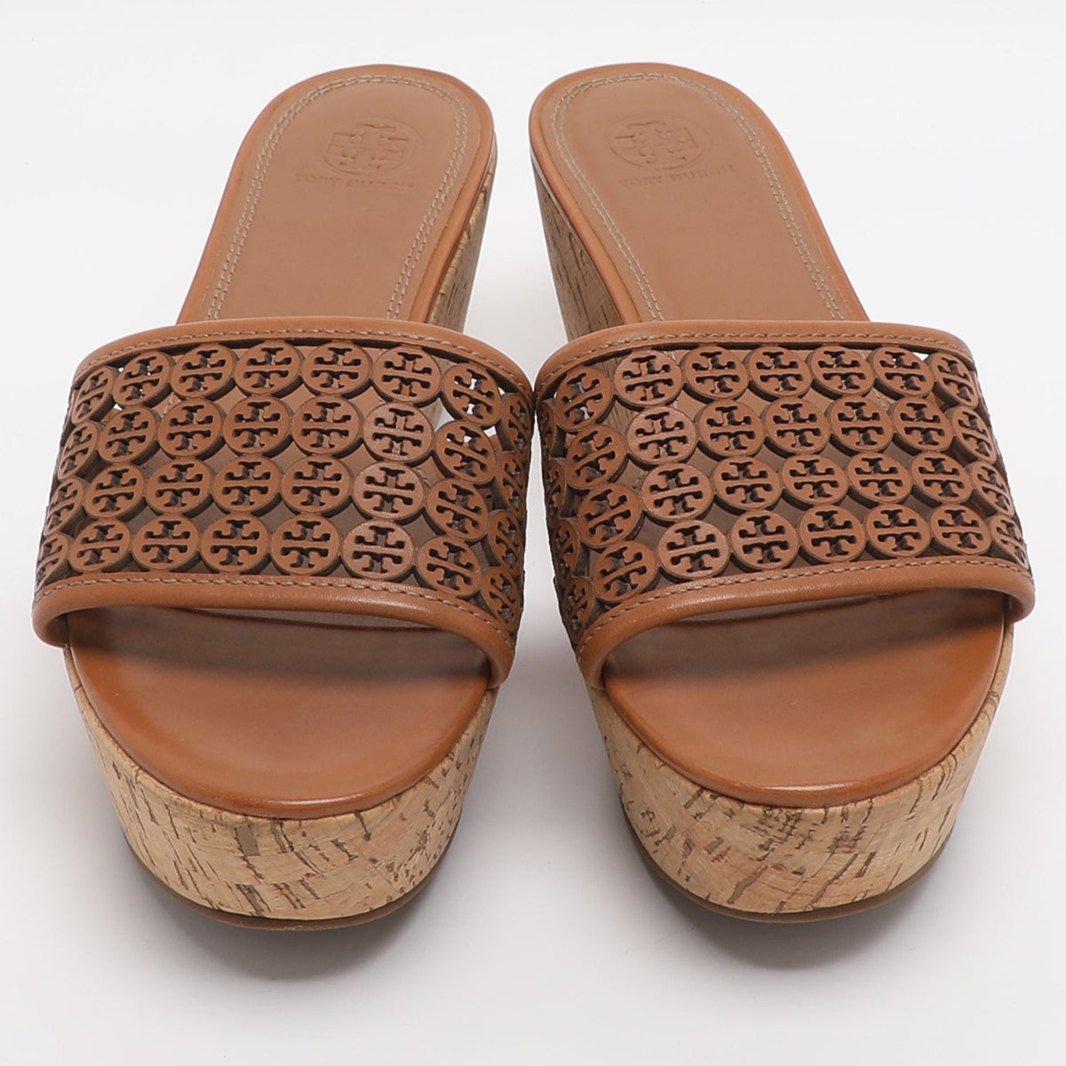 Tory Burch Elaine Size 40 Brown Laser Cut Leather Platform Slide Sandals