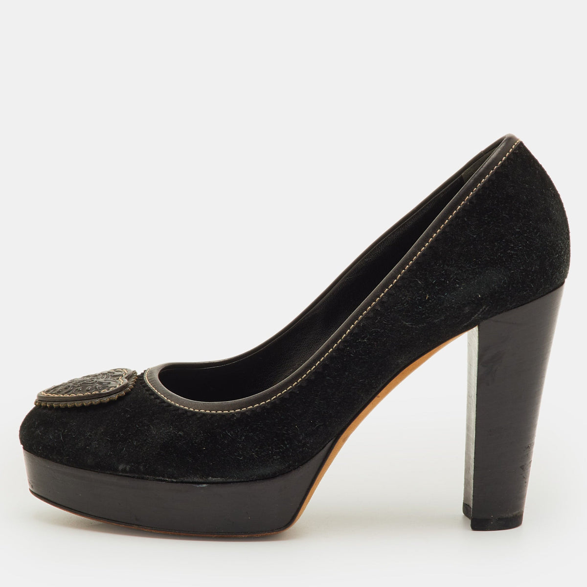 Gucci Hysteria Logo Size 37.5 Black Suede Platform Pumps