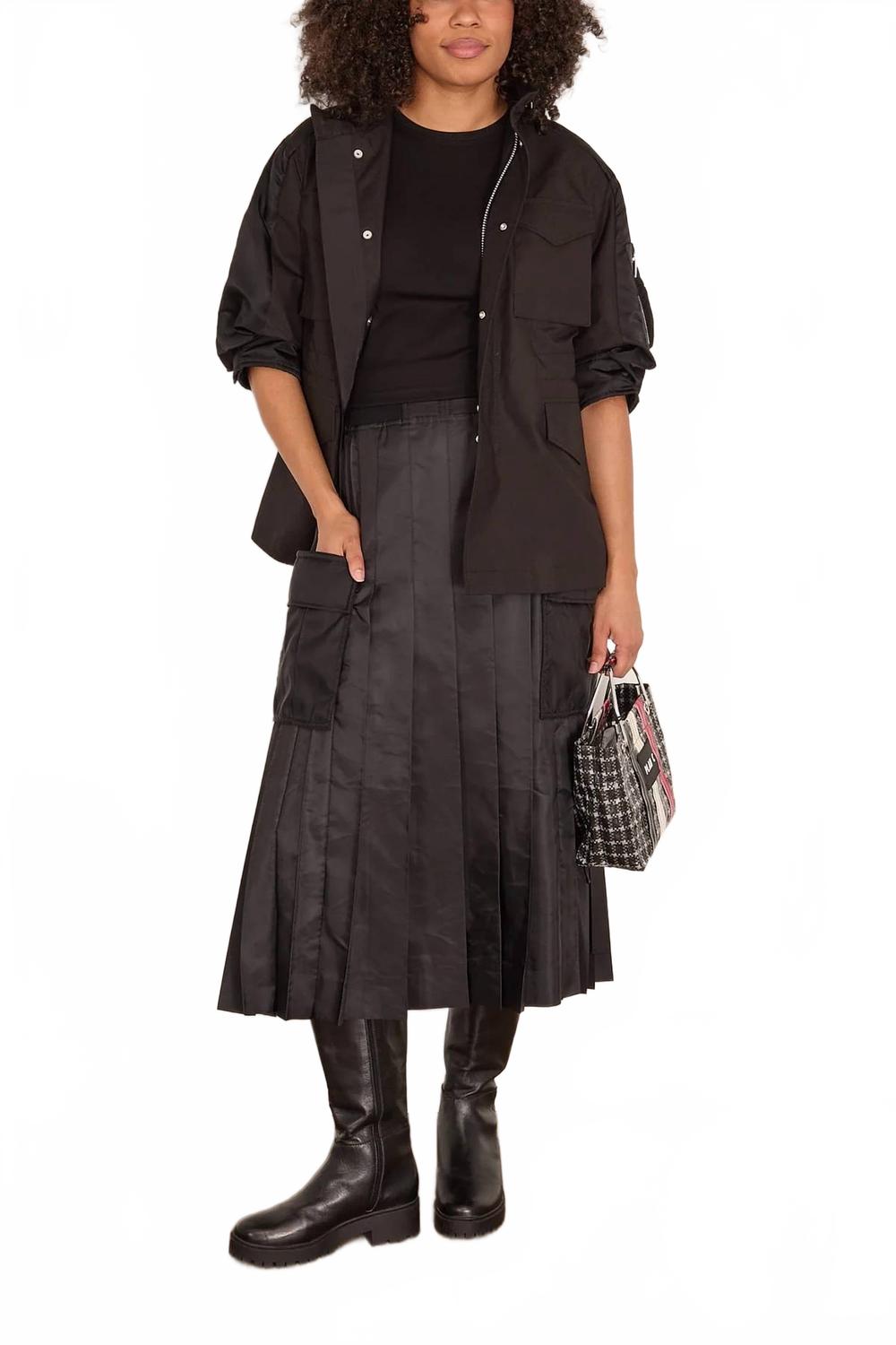 Nylon Twill Pleated Cargo Skirt In Black
