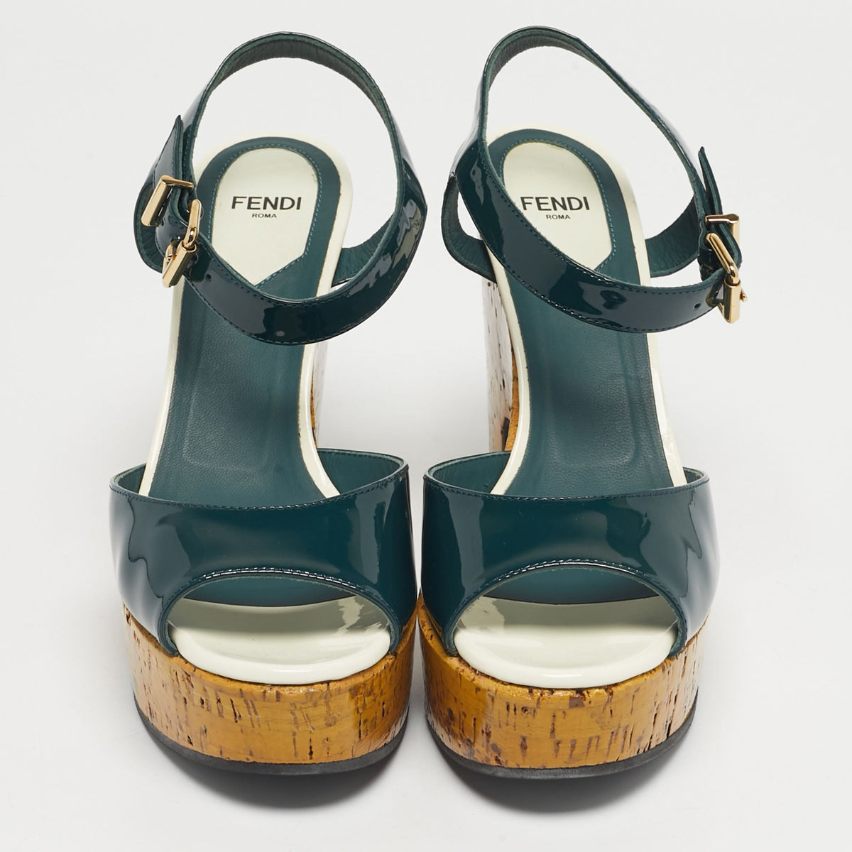 Fendi Size 37.5 Green Patent Leather Cork Platform Sandals