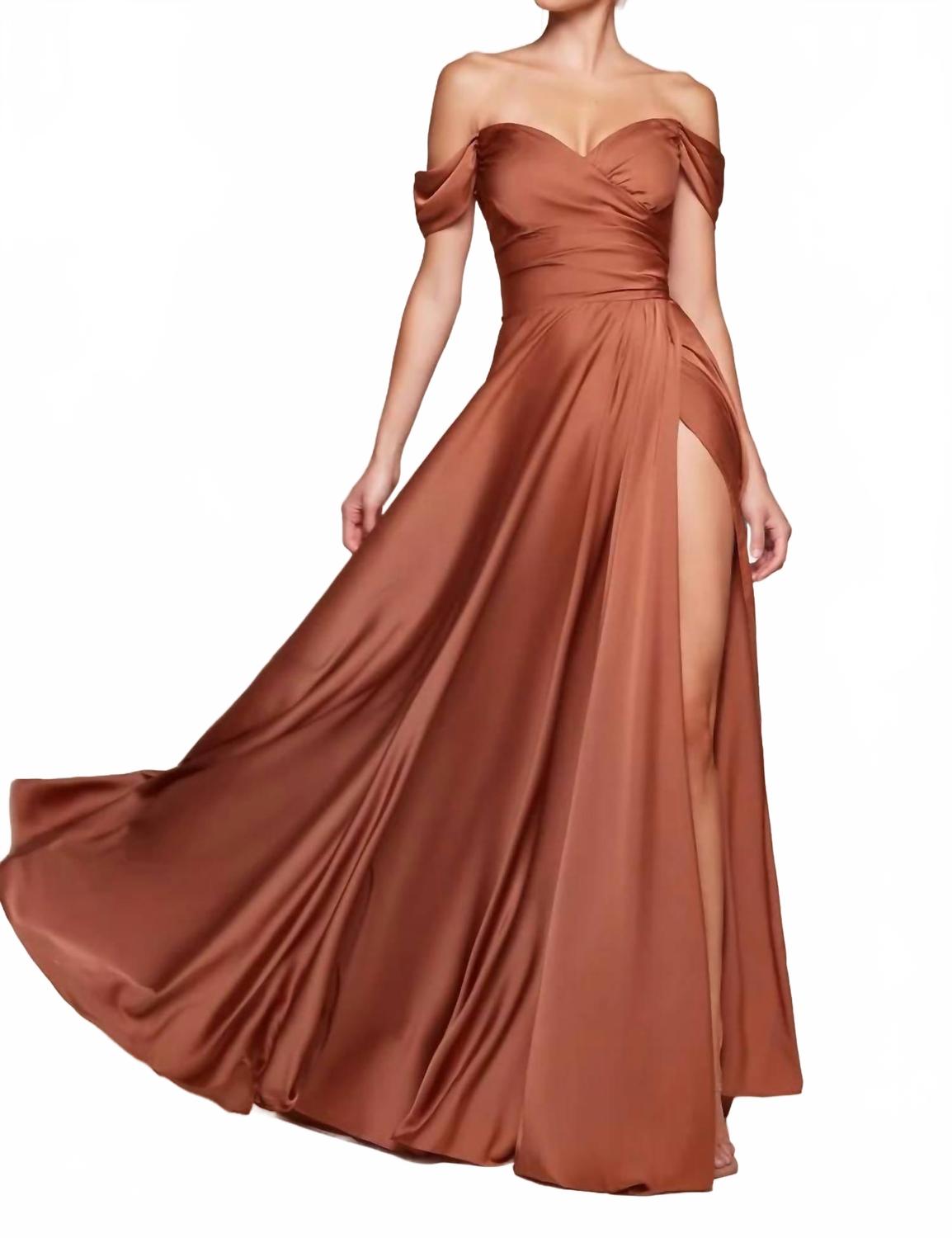 Off-Shoulder Satin A-Line Dress In Sienna