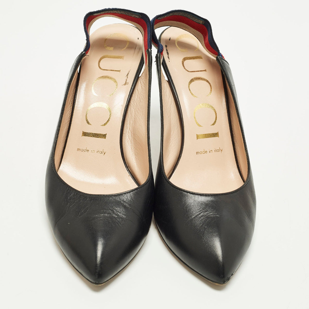 Gucci Sylvie Size 36.5 Black Leather Web Slingback Pumps