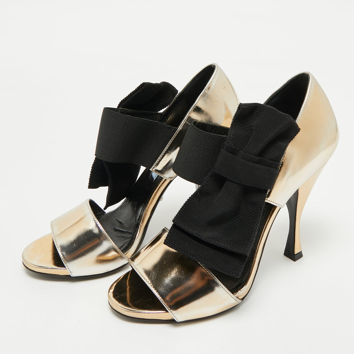 Prada Gold/Black Leather and Grosgrain Bow Ankle Strap Sandals Size 36.5