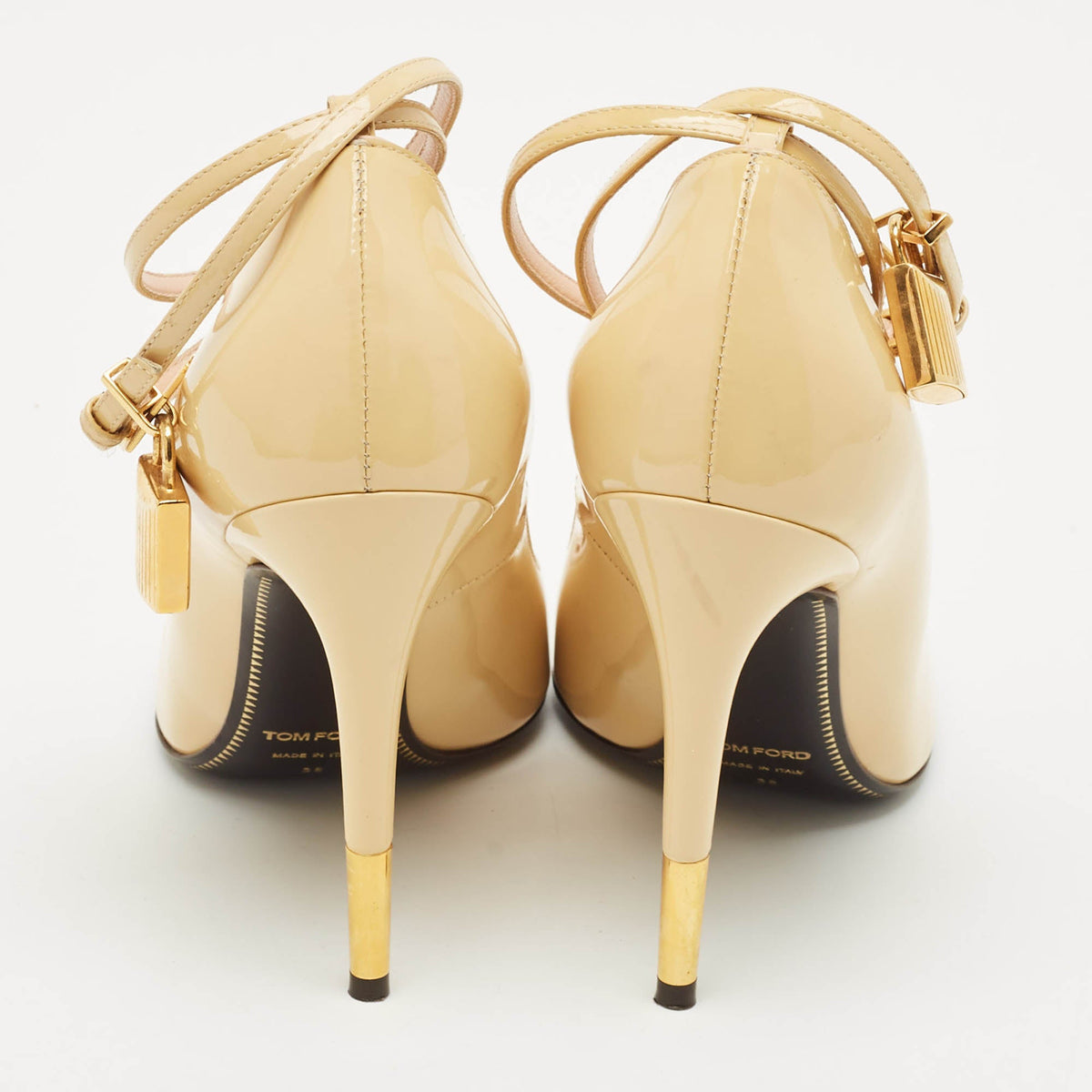 Tom Ford Beige Leather Padlock Ankle Wrap Pumps Size 38