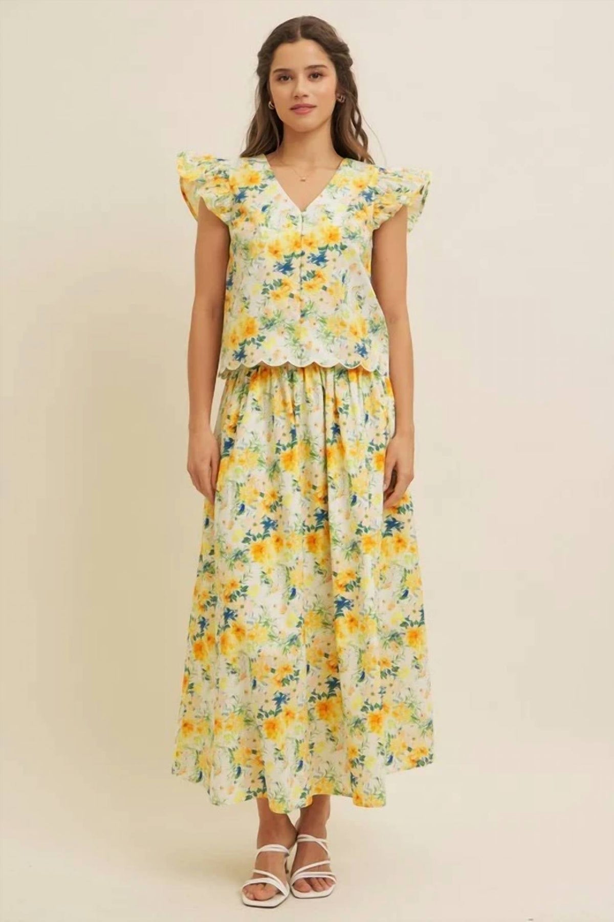 Floral Flutter Sleeve Blouse Top In Yellow