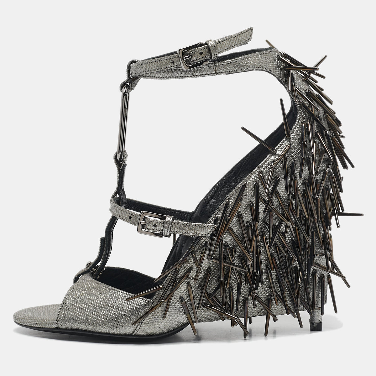 Tom Ford Metallic Grey Leather Embellished  Wedge Sandals Size 37