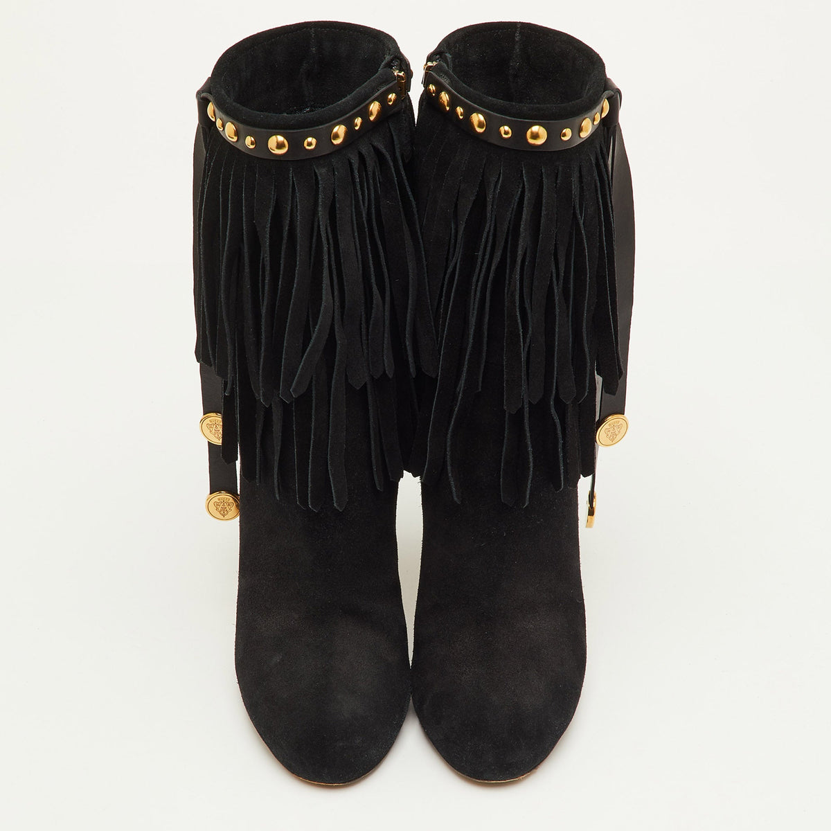 Gucci Size 37 Black Suede Studded Fringe Mid Calf Boots
