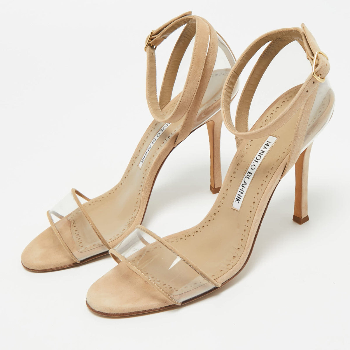 Manolo Blahnik Beige PVC and Suede Ankle Strap Sandals Size 38
