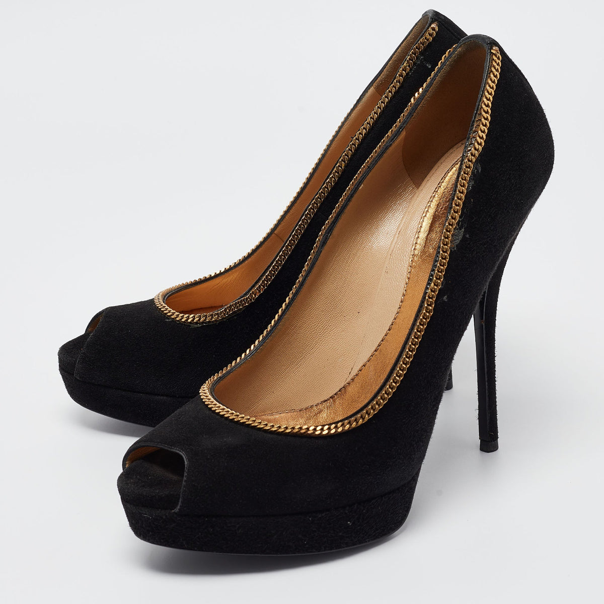 Gucci Black Suede Chain Trim Peep Toe Platform Pumps Size 40