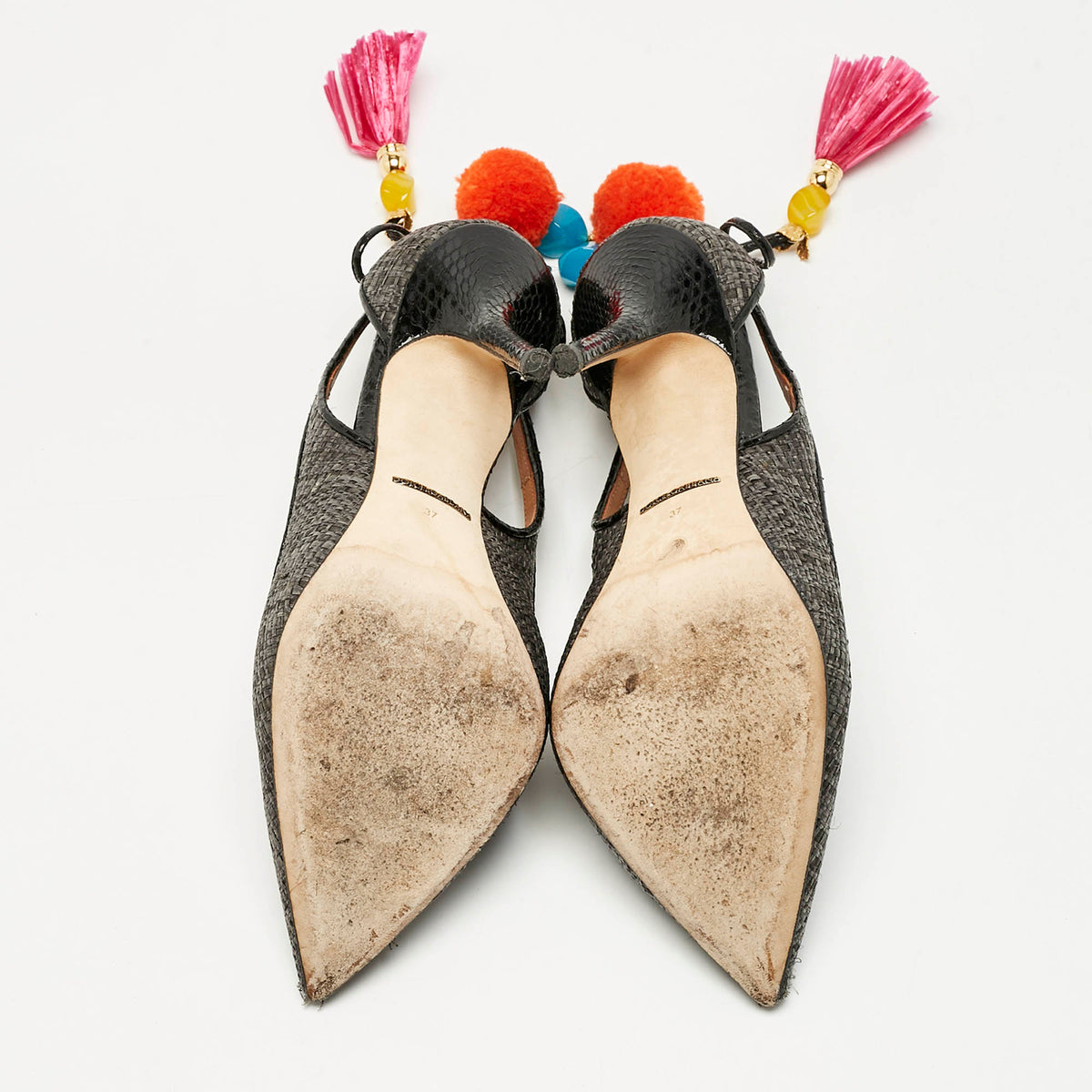 Dolce & Gabbana Black Raffia Pom Pom Detail Tie Up Pumps Size 37