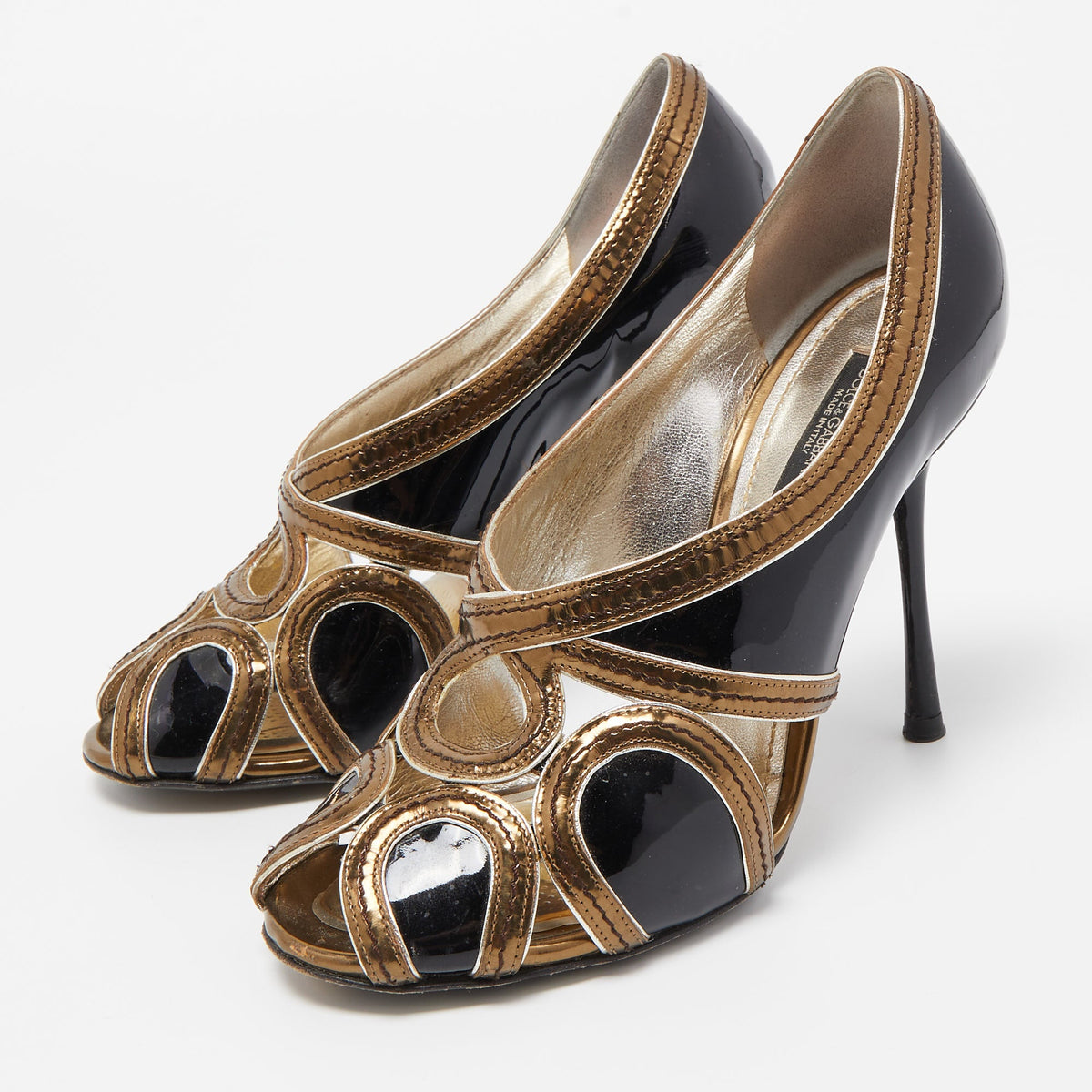 Dolce & Gabbana Black/Metallic Patent and Leather Cut Out Peep Toe Pumps Size 36.5