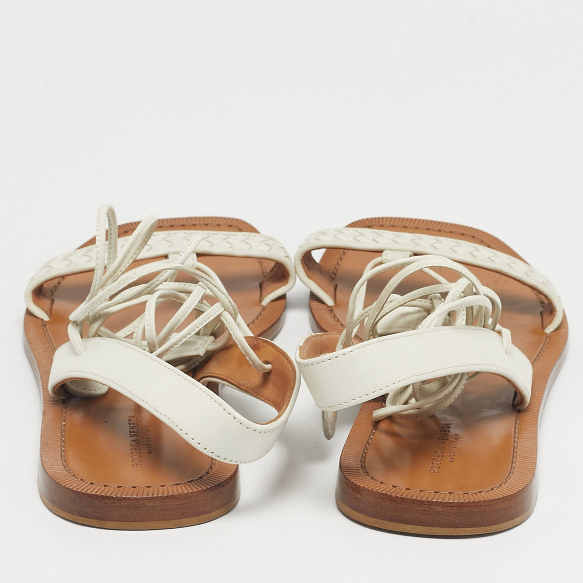Bottega Veneta White Intrecciato Leather Ankle Wrap Flat Sandals Size 39