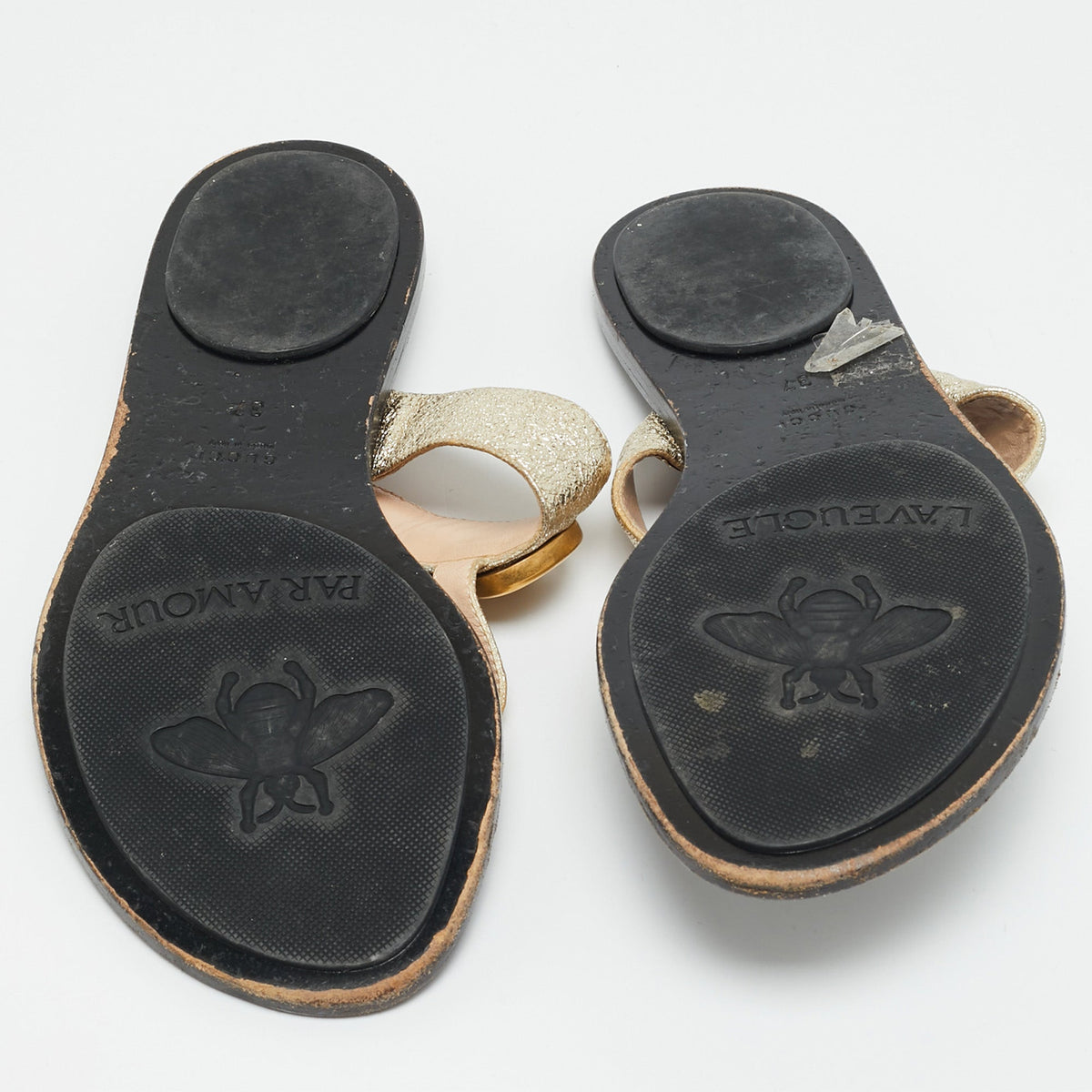 Gucci GG Marmont Size 37 Gold Leather Flat Sandals