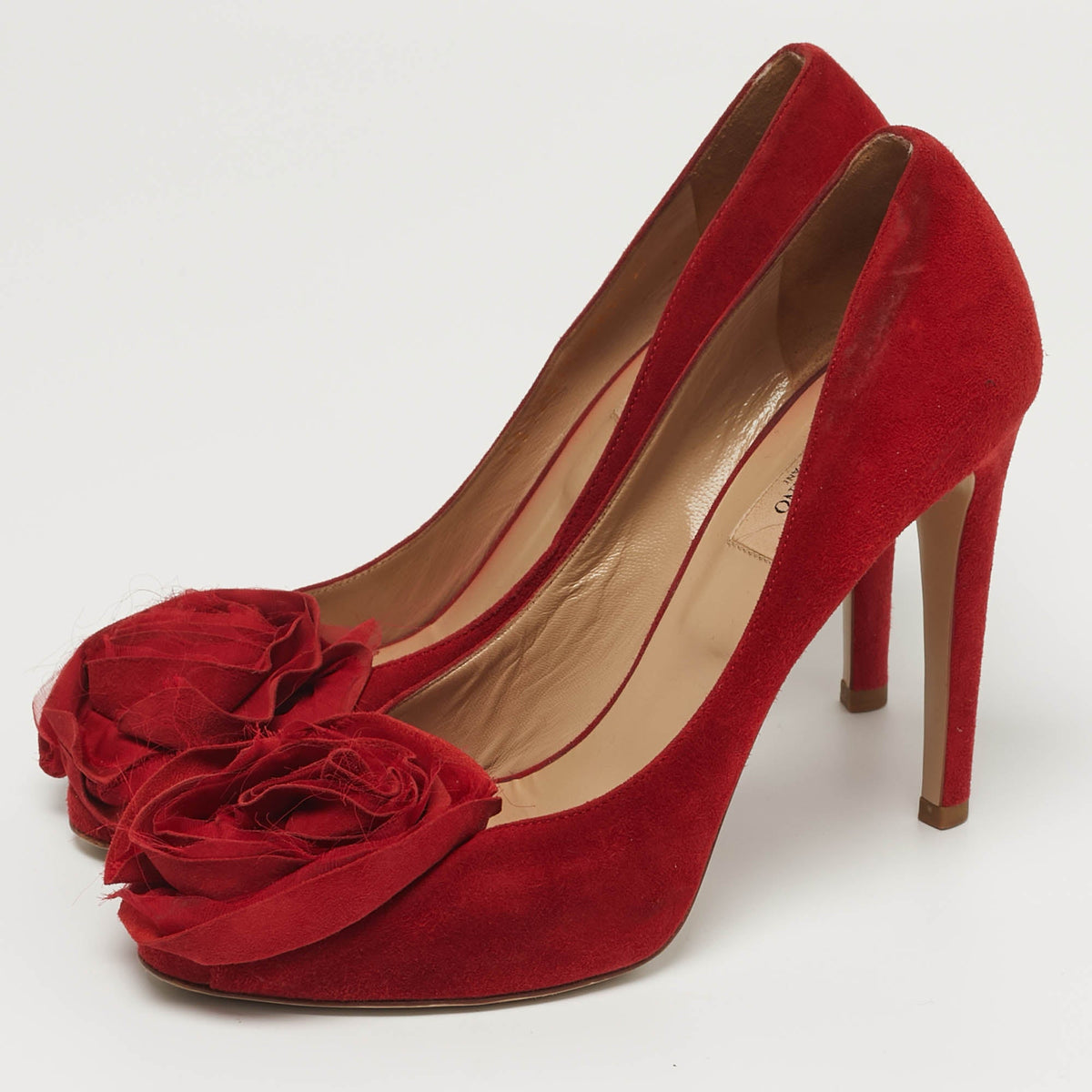 Valentino Rose Applique Size 39 Red Suede Peep Toe Pumps