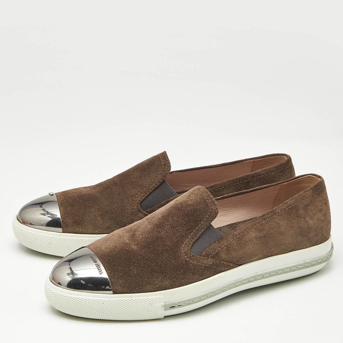 Miu Miu Brown Suede Metal Cap Toe Slip On Sneakers Size 37
