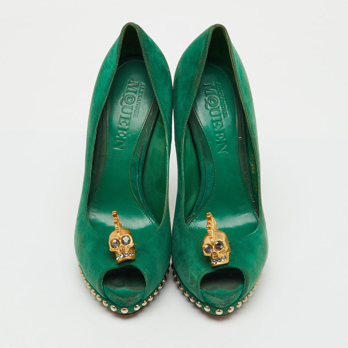 Alexander McQueen Green Suede Skull Platform Peep Toe Pumps Size 38.5