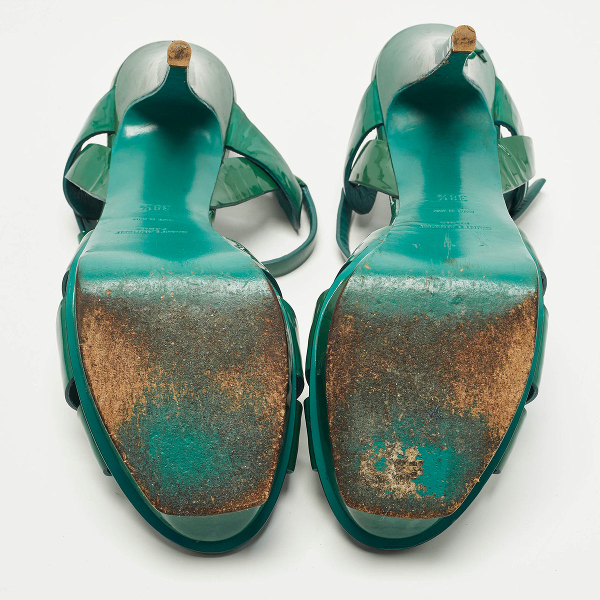 Saint Laurent Tribute Size 37 Green Patent Leather Ankle Strap Sandals
