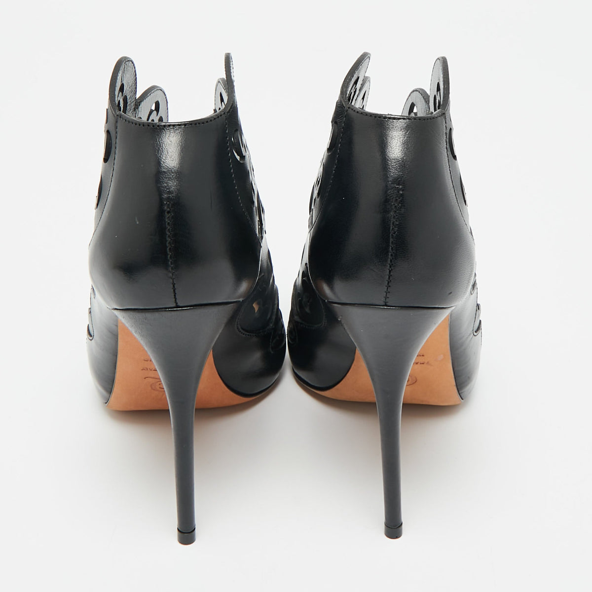 Alexander McQueen Black Floral Laser Cut Leather Peep Toe Booties Size 35