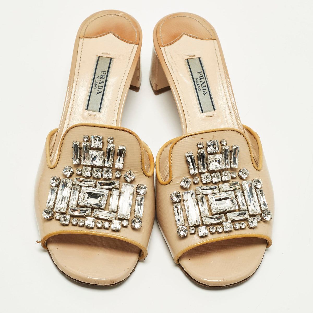 Prada Saffiano Size 35 Beige Patent Leather Crystal Embellished Block Heel Slide Sandals