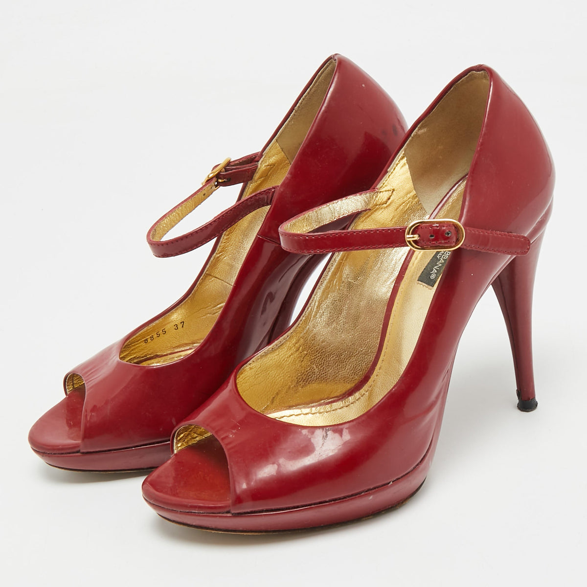 Dolce & Gabbana Red Patent Leather Platform Peep Toe Mary Jane Pumps Size 37