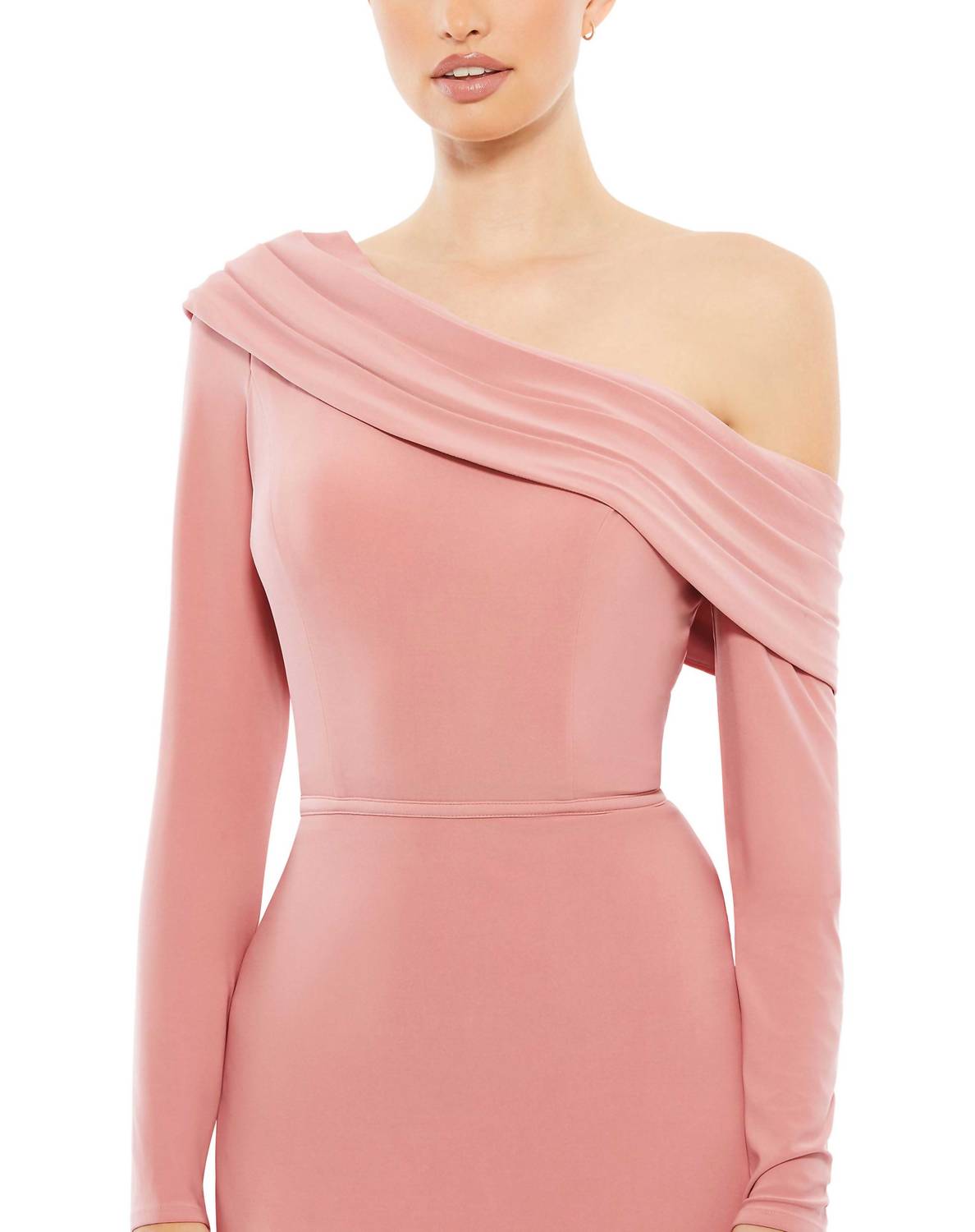 Drop Shoulder Long Sleeve Column Gown In Rose/gold
