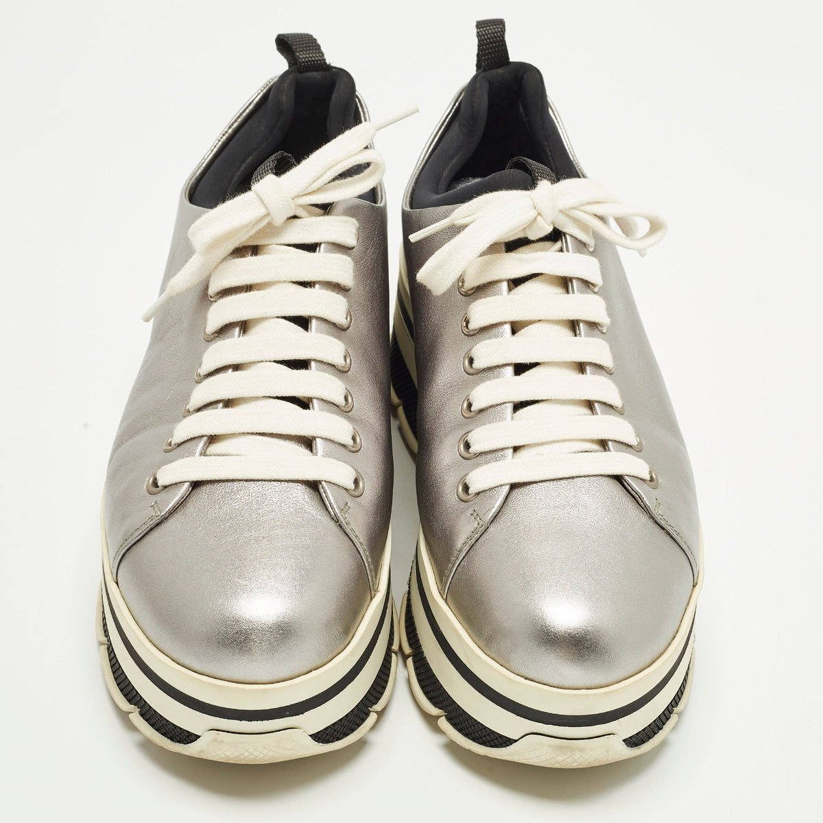 Prada Size 38.5 Silver Leather Platform Lace Up Sneakers