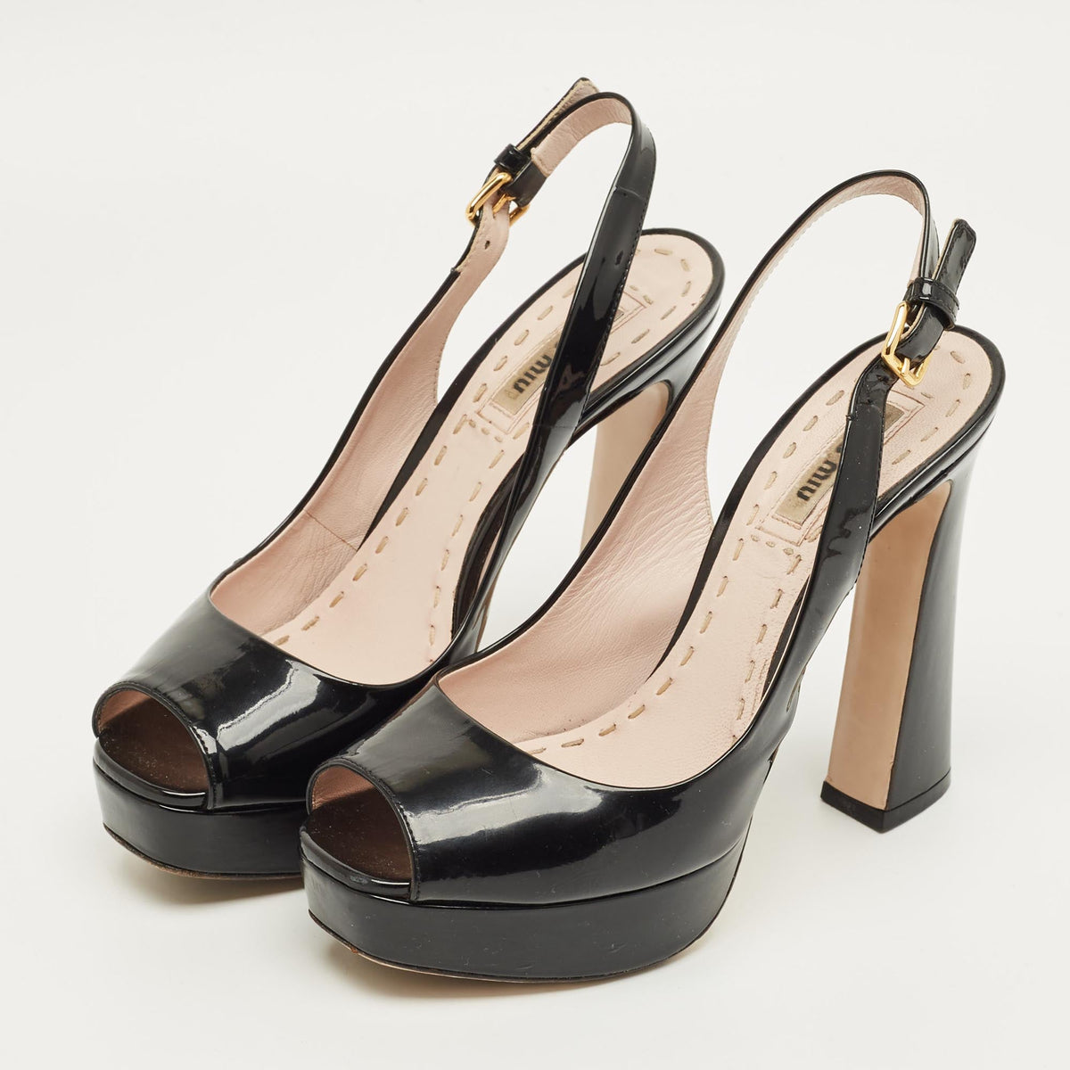 Miu Miu Black Patent Leather Open Toe Platform Slingback Pumps Size 35.5