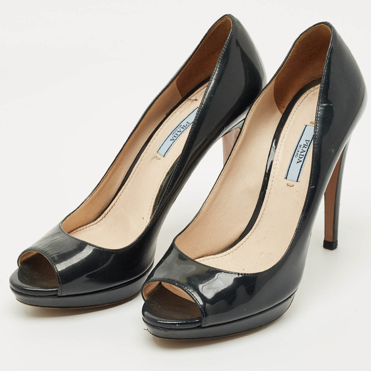 Prada Navy Blue Patent Leather Peep Toe Pumps Size 39.5