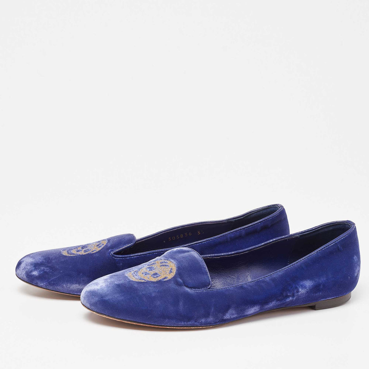 Alexander McQueen Blue Velvet Skull Smoking Slippers Size 37