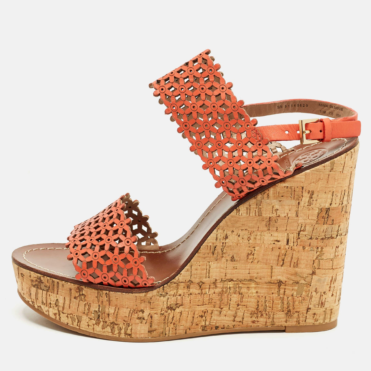 Tory Burch Daisy Size 41 Orange  Perforated Leather Wedge Sandals