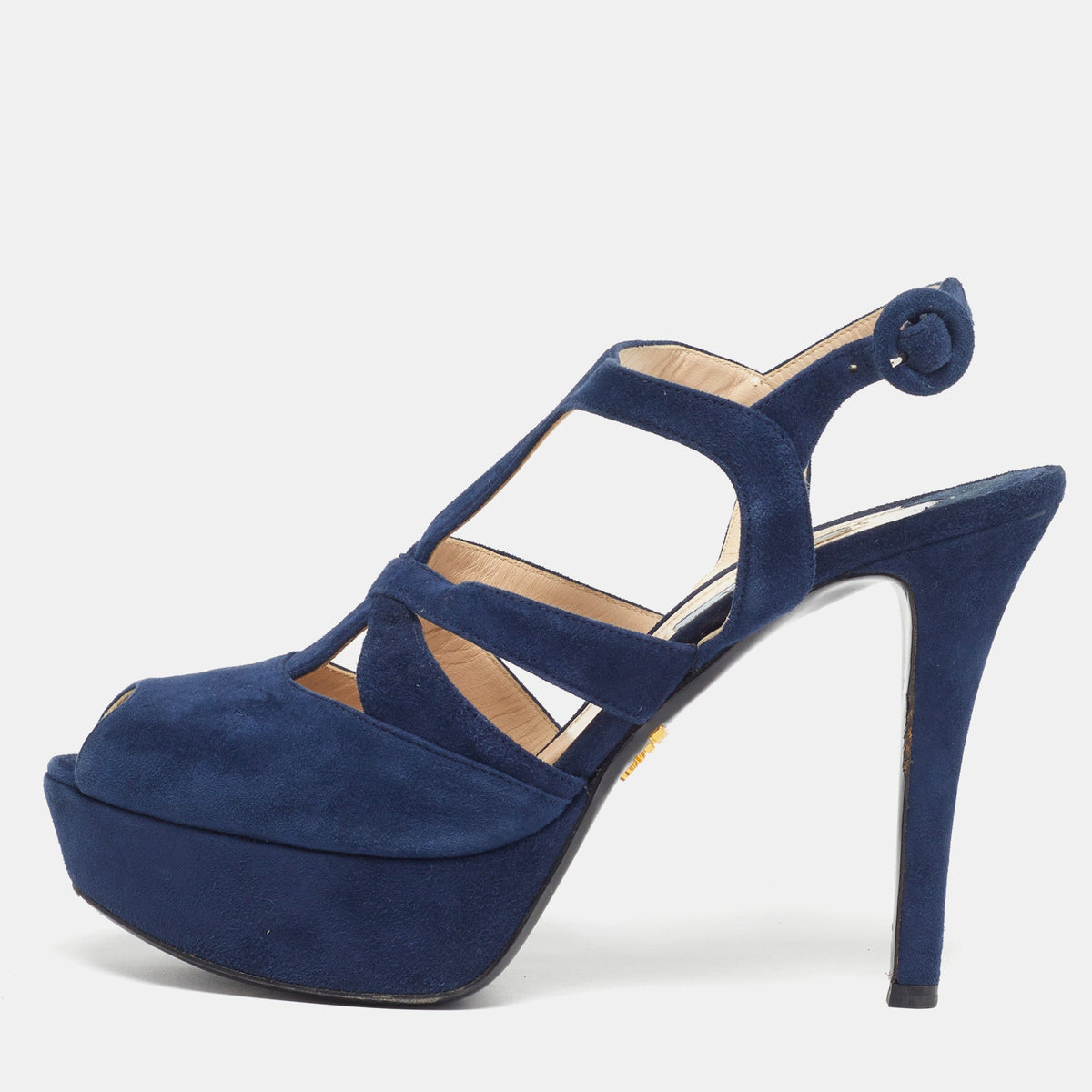 Prada Size 38.5 Navy Blue Suede Platform Ankle Strap Sandals