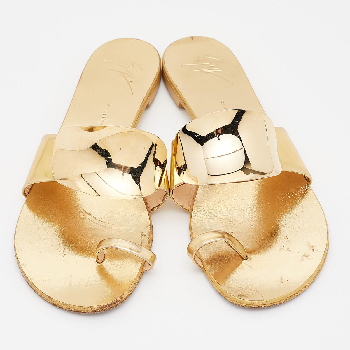 Giuseppe Zanotti Gold Leather Toe Ring Flat Slides Size 39