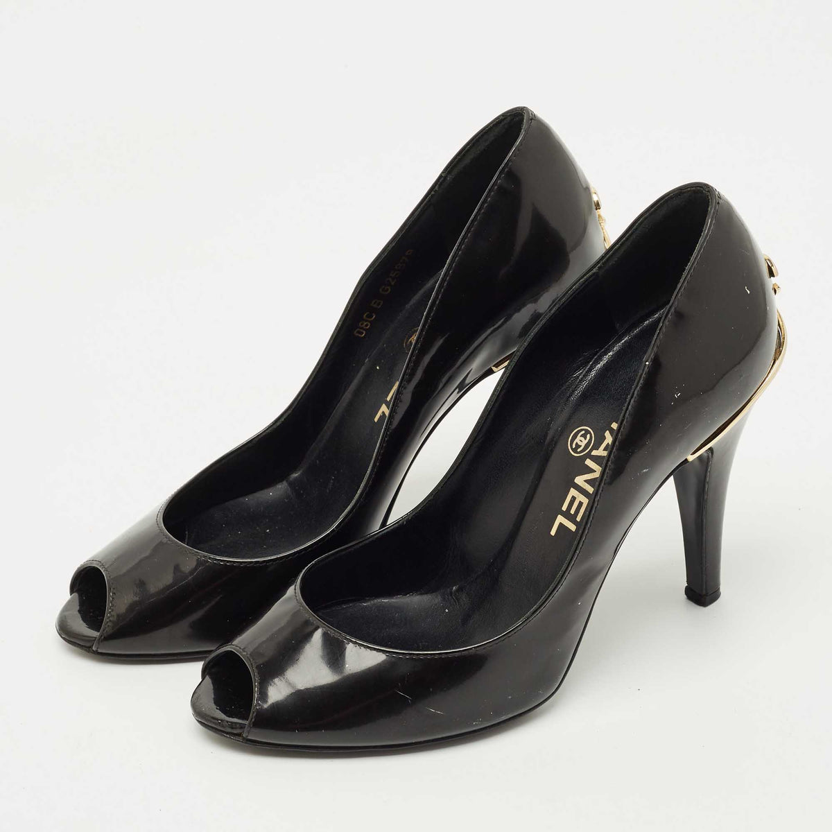 Chanel Black Patent Leather CC Peep Toe Pumps Size 34