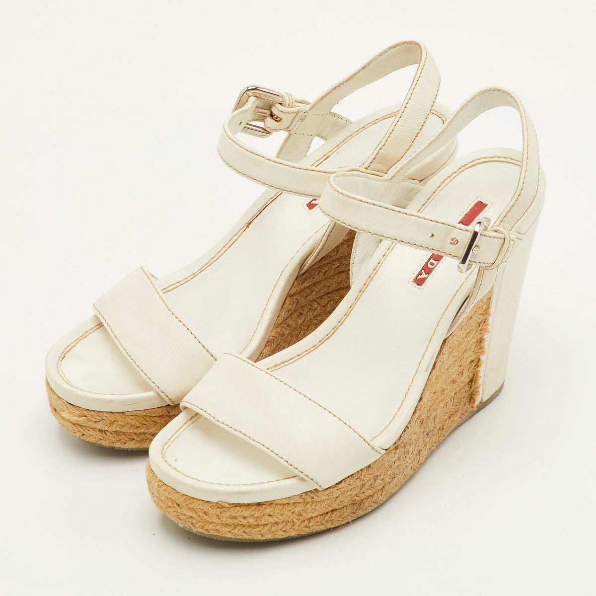 Prada Sport Size 36.5 White Leather Ankle Strap Platform Wedge Sandals