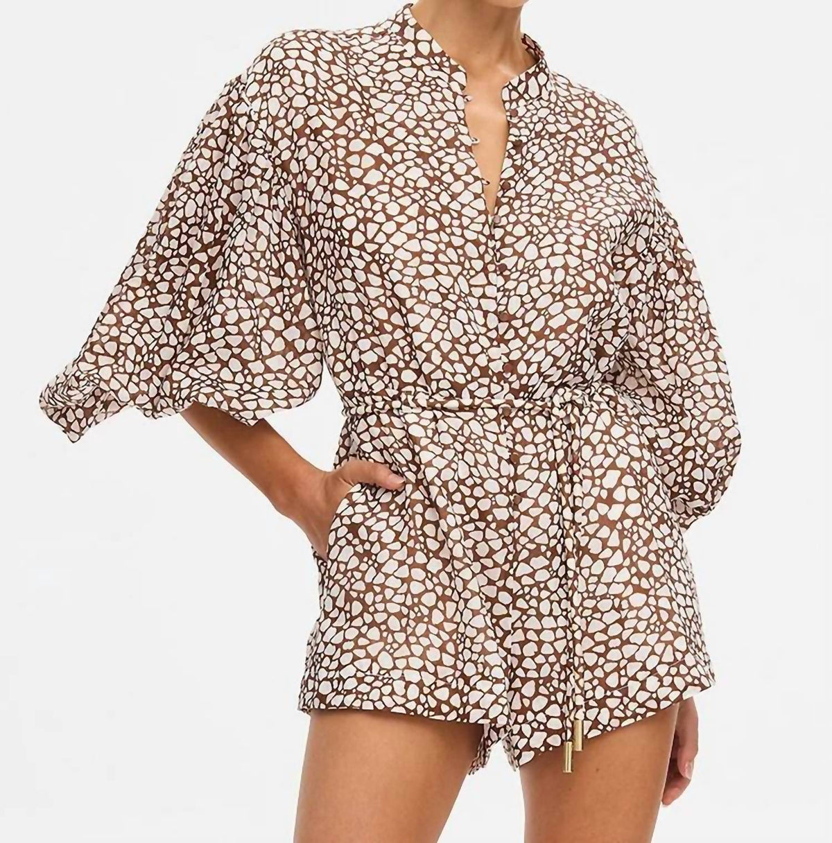 Solara Long Blouson Sleeves Playsuit In Brown