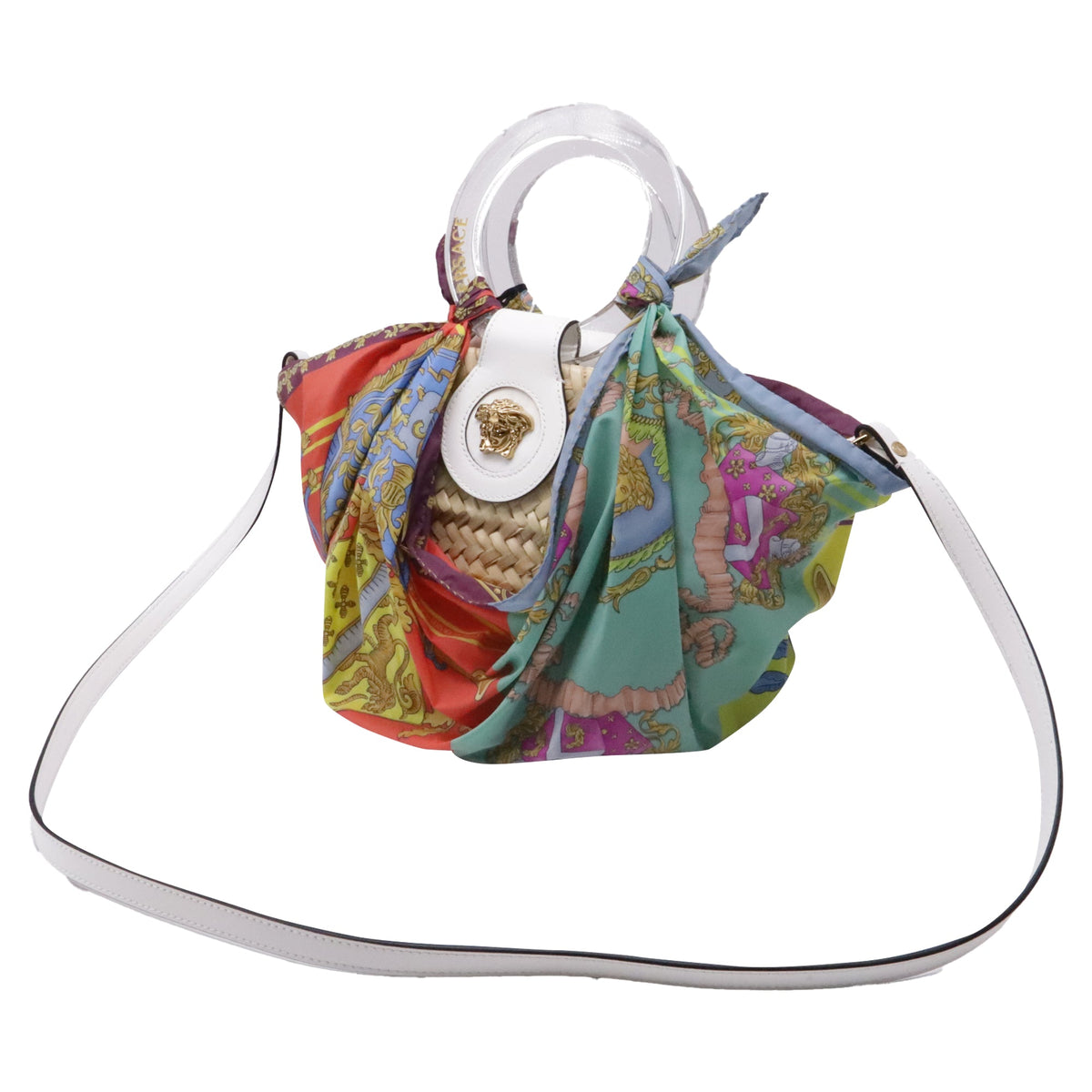 Versace Woven Scarf La Medusa Handle Bag in Multicolor Raffia